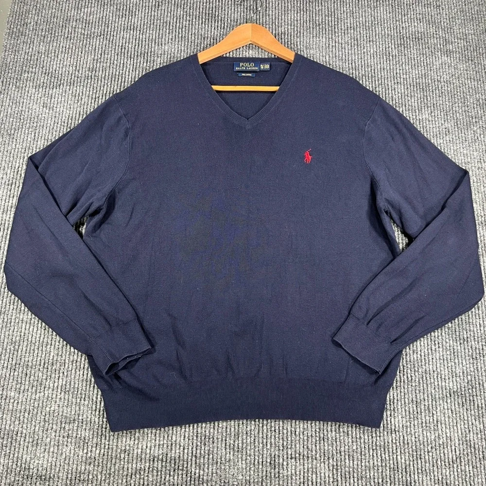 Polo Ralph Lauren Sweater Mens XL Extra Large Blue Long Sleeve V Neck Knit